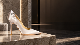 Silver Jimmy Choo satin pump in a modern fitting salon