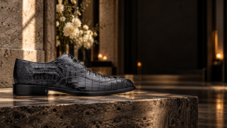 Belvedere Chapo black hornback Oxford in a modern wedding setting