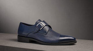 Mezlan Phoenix blue calfskin and deerskin single monk-strap loafer, minimal modern studio product photograph