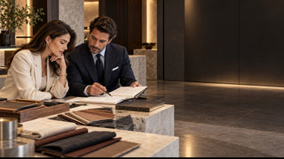 Luxury footwear consultation in a modern Italian retail interior