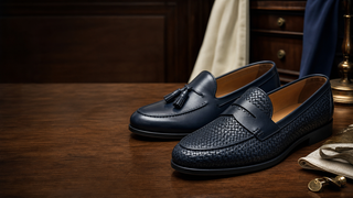 Navy penny loafer and tassel loafer on a menswear dressing table