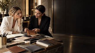 Designer accessories consultation with leather swatches in a modern Milanese salon
