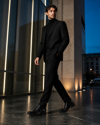 Man wearing black Mezlan Riccardo exotic-leather lace-up boots outside a contemporary Milan gallery at blue hour