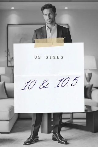 Man holding a sign displaying men's shoes size 10 and 10.5 US in stock in a modern room.
