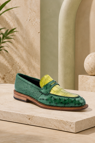 Elegant green luxury Mauri loafers displayed on a stone pedestal in a stylish setting, showcasing premium craftsmanship.