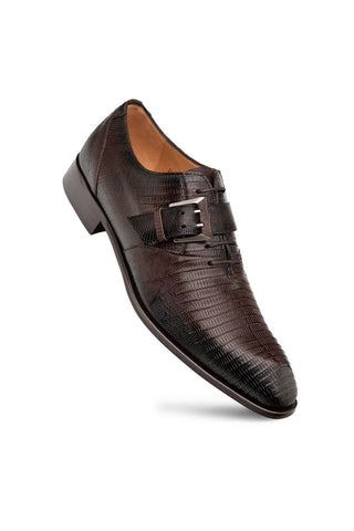 Elegant brown Mezlan shoe featuring exotic skin men's shoes design with detailed texture and buckle accent.