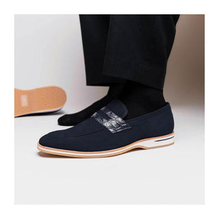 Zelli Italia Meo 3 Men's Shoes Navy Genuine Suede Goat Skin Penny Loafer (ZEL1002)