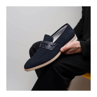 Zelli Italia Meo 3 Men's Shoes Navy Genuine Suede Goat Skin Penny Loafer (ZEL1002)