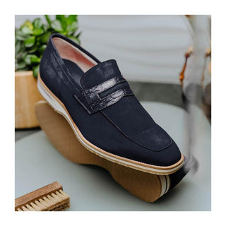 Zelli Italia Meo 3 Men's Shoes Navy Genuine Suede Goat Skin Penny Loafer (ZEL1002)