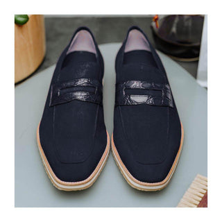 Zelli Italia Meo 3 Men's Shoes Navy Genuine Suede Goat Skin Penny Loafer (ZEL1002)