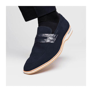 Zelli Italia Meo 3 Men's Shoes Navy Genuine Suede Goat Skin Penny Loafer (ZEL1002)