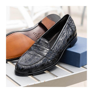 Zelli Italia Tuscany Men's Shoes Black Crocodile Skin Penny Loafer (ZEL1000)