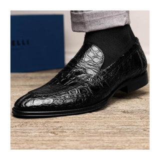 Zelli Italia Roma Men's Shoes Black Crocodile Skin Penny Loafer (ZEL1003)