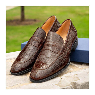 Zelli Italia Roma Men's Shoes Cognac Crocodile Skin Penny Loafer (ZEL1003)