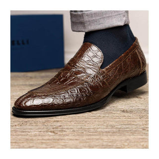 Zelli Italia Roma Men's Shoes Cognac Crocodile Skin Penny Loafer (ZEL1003)