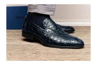 Zelli Italia Roma Men's Shoes Navy Crocodile Skin Penny Loafer (ZEL1003)