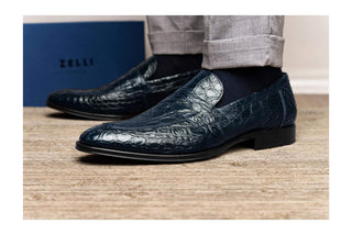 Zelli Italia Roma Men's Shoes Navy Crocodile Skin Penny Loafer (ZEL1003)
