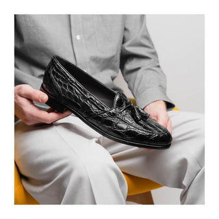 Zelli Italia Franco Men's Shoes Black Crocodile Skin Tassel Loafer (ZEL1005)