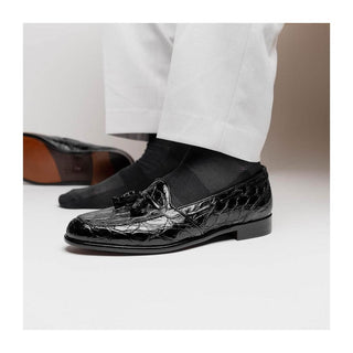 Zelli Italia Franco Men's Shoes Black Crocodile Skin Tassel Loafer (ZEL1005)