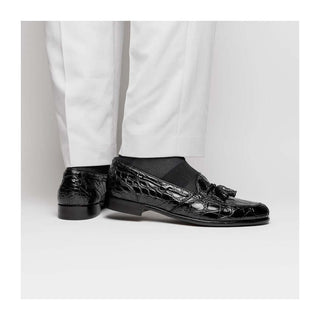 Zelli Italia Franco Men's Shoes Black Crocodile Skin Tassel Loafer (ZEL1005)