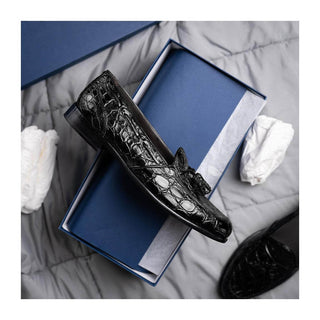 Zelli Italia Franco Men's Shoes Black Crocodile Skin Tassel Loafer (ZEL1005)