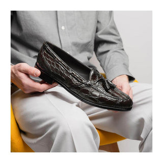 Zelli Italia Franco Men's Shoes Nicotine Crocodile Skin Tassel Loafer (ZEL1005)