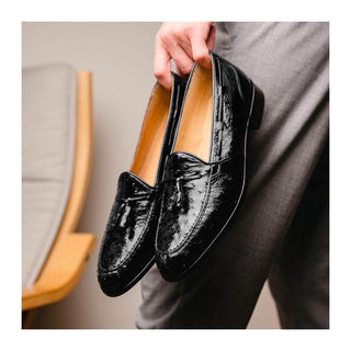 Zelli Italia Franco Men’s Shoes Black Ostrich Skin Tassel Loafer (ZEL1015)