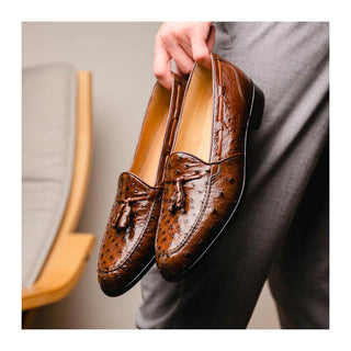 Zelli Italia Franco Men’s Shoes Brown Ostrich Skin Tassel Loafer (ZEL1015)