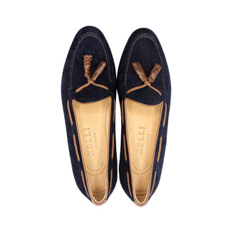 Zelli Italia Naples Men's Shoes Navy Suede Goat-Skin Tassel Loafer (ZEL1026)