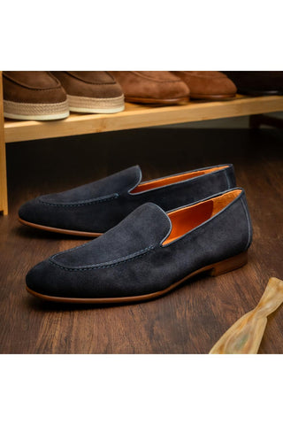 Zelli Italia Bruno navy Italian suede penny loafers with a round toe and flexible Blake Canalino stitch construction.