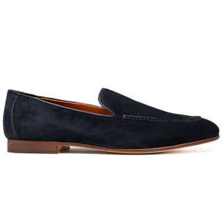 Zelli Italia Bruno navy Italian suede penny loafer with a round toe and Blake Canalino stitch construction.