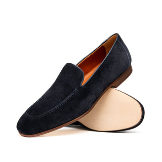 Zelli Italia Bruno navy Italian suede penny loafer with a round toe and flexible Blake Canalino stitch construction.