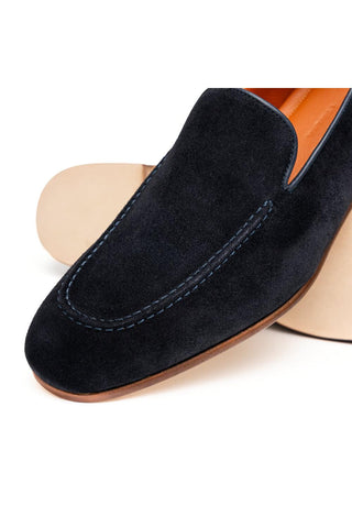 Zelli Italia navy Italian suede penny loafer with round toe and Blake Canalino stitch construction.