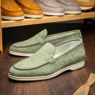 Celery green Zelli Italia Livorno nubuck loafers with embossed crocodile texture and a white rubber sole.