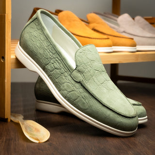 Celery green nubuck loafer with embossed crocodile texture and white rubber sole by Zelli Italia.
