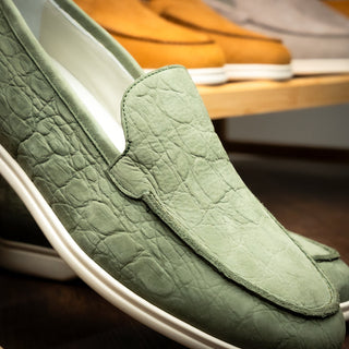 Celery green Italian nubuck loafer with embossed crocodile texture and a durable rubber sole.