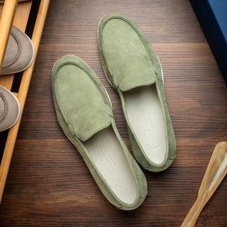 Zelli Italia Livorno loafers in celery nubuck with an embossed crocodile pattern and rubber sole.