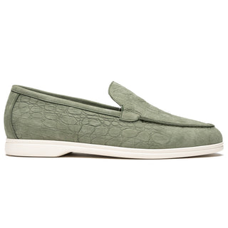Celery green Italian nubuck loafer with embossed crocodile texture and a durable white rubber sole.