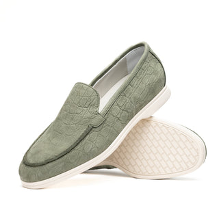 Celery green Italian nubuck loafer with embossed crocodile texture and a white rubber sole.