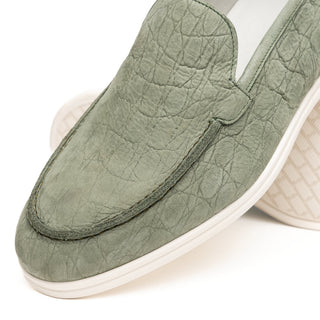 Celery green Italian nubuck loafer with embossed crocodile texture and white rubber sole.