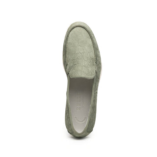 Celery green Italian nubuck loafer with embossed crocodile texture and round toe.
