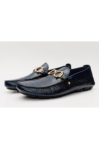 Vinci Pisa Embossed Leather Horse-Bit Loafer - Navy