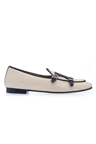 SUPERGLAMOUROUS Tangerine 7 White & Navy Woven Rafia / Leather Monk-Straps Loafers (SPGM1130)