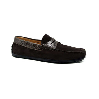 Zelli Italia Monza Men's Shoes Nicotine Calf-Skin Suede & Crocodile Skin Driver (ZEL1044)