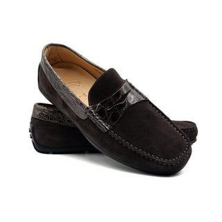 Zelli Italia Monza Men's Shoes Nicotine Calf-Skin Suede & Crocodile Skin Driver (ZEL1044)