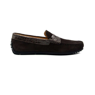Zelli Italia Monza Men's Shoes Nicotine Calf-Skin Suede & Crocodile Skin Driver (ZEL1044)