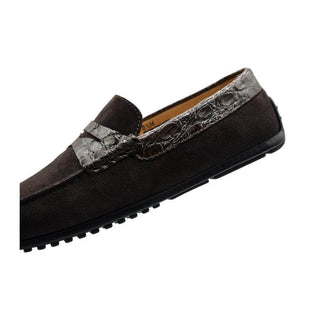 Zelli Italia Monza Men's Shoes Nicotine Calf-Skin Suede & Crocodile Skin Driver (ZEL1044)