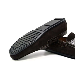 Zelli Italia Monza Men's Shoes Nicotine Calf-Skin Suede & Crocodile Skin Driver (ZEL1044)