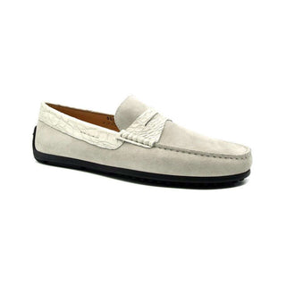 Zelli Italia Monza Men's Shoes White Calf-Skin Suede & Crocodile Skin Driver (ZEL1044)