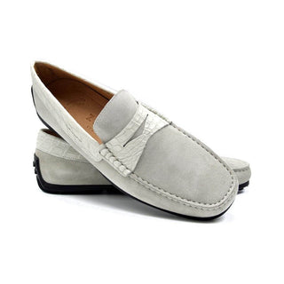 Zelli Italia Monza Men's Shoes White Calf-Skin Suede & Crocodile Skin Driver (ZEL1044)